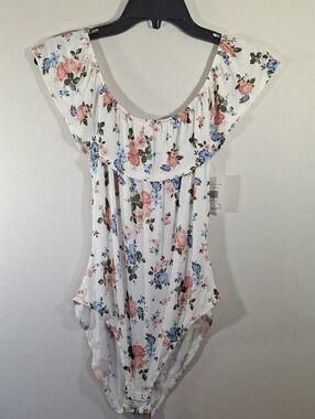 Ultra Flirt White Floral Off-Shoulder Bodysuit with Pink & Blue Roses
